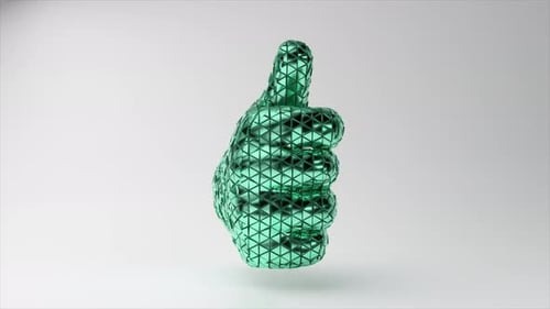 Emoji Thumbs Up Sign Made of Shiny Green Parts Rotating on Light Background Social Media 3D