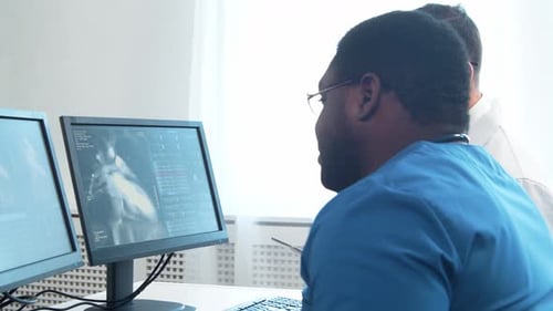 Doctor and Surgeon Talking Near Window Medical Workers in Hospital Office Day Light Healthcare