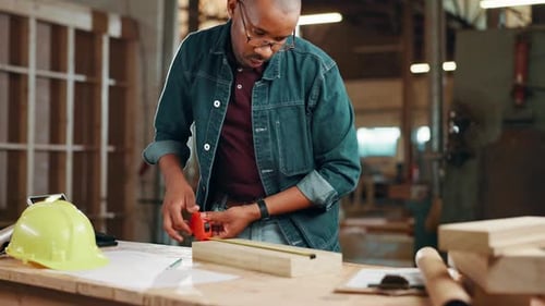Black man, carpenter and measuring tape at workshop for wood, drawing or design at warehouse