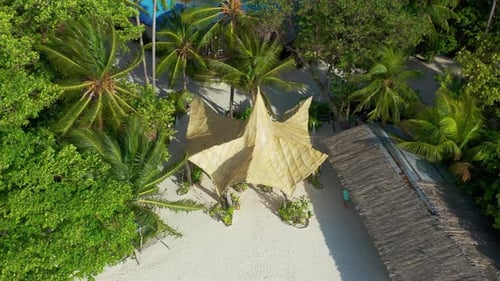 Aerial View Bamboo Bungalows with Thatched on White Sand Beach and Palm Trees Tropical Island Bora