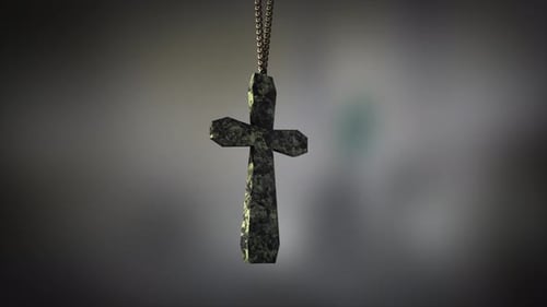 High quality close up render of a shiny carved marble Christian Crucifix artifact swinging slowly on