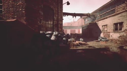 Abandoned Factory with Collapsing Brick Buildings in Deteriorating Condition