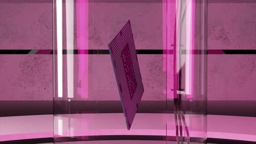The Microchip Rotates Above the Floor Pink Neon Light Abstract Background Computer Artificial