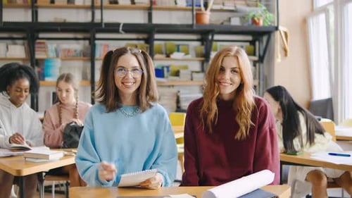 Smiling Students Studying Together in a Classroom