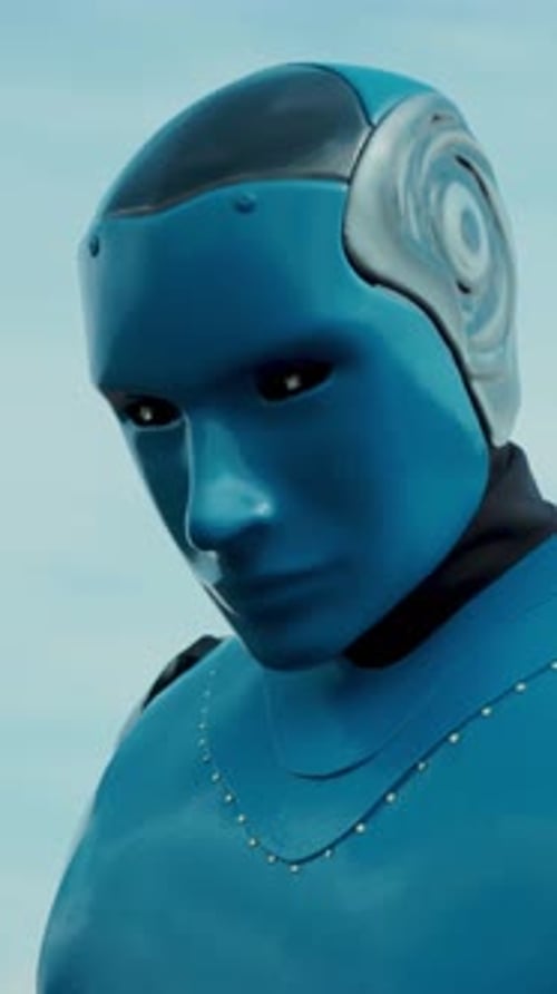 Un retrato de un robot azul futurista sobre un cielo claro y brillante en el fondo