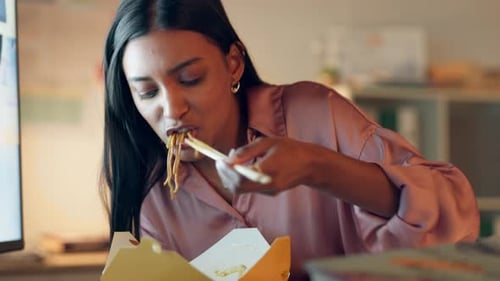 Business woman, eating takeout food and night office while working late on computer with Chinese