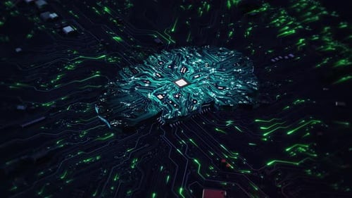 3D Animation of Digital Chip Central Computer Processors CPU Motherboard Technology Hud Background