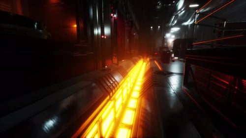 Dark Sci-Fi Corridor Flythrough with Glowing Orange Lights