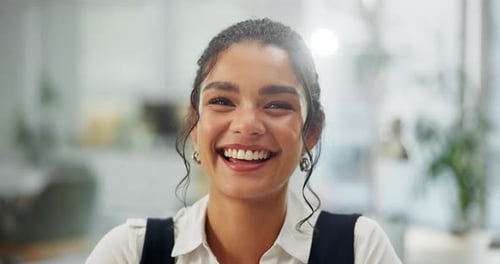 Business, woman and face in office happy with career in management for human resources