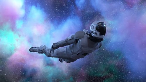 Un astronaute survole des nuages violets et bleus, combinaison spatiale, couleur néon, les nuages tournent autour du