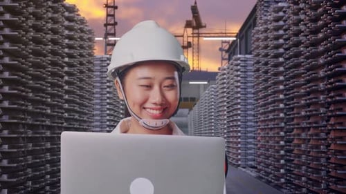 Una mujer asiática usa una computadora mientras camina en Aluminum Stock