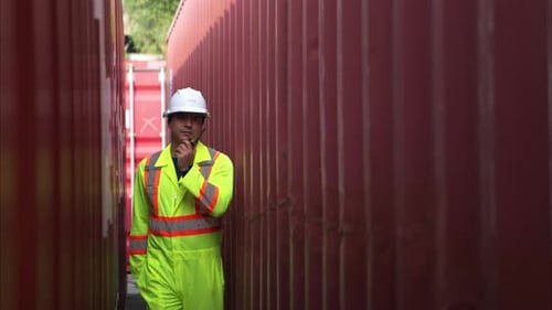Worker with Radio Inspects Red Shipping Containers