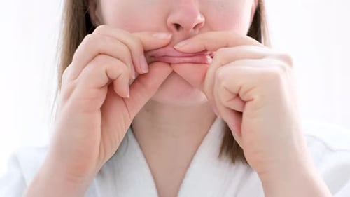A close-up portrait of young woman doing a lip massage on a white background.