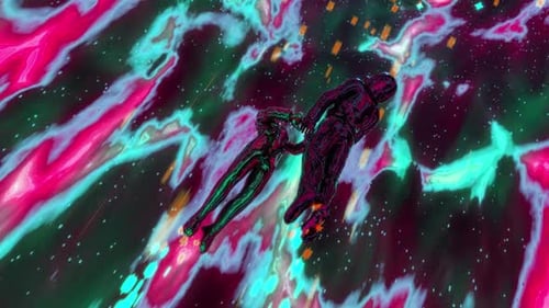 Lovers Astronauts Pass The Endless Purple Time Tunnel, Side View Angle