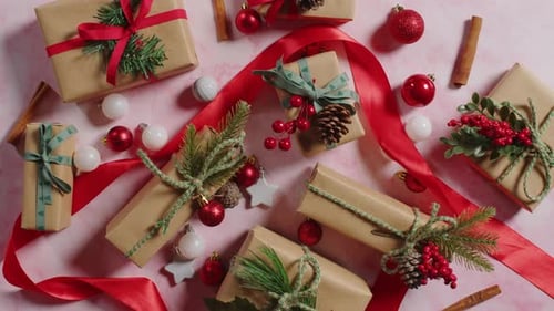 Christmas Presents in Brown Paper With Ornaments