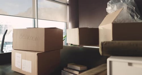 Apartment interior boxes labeled for moving day