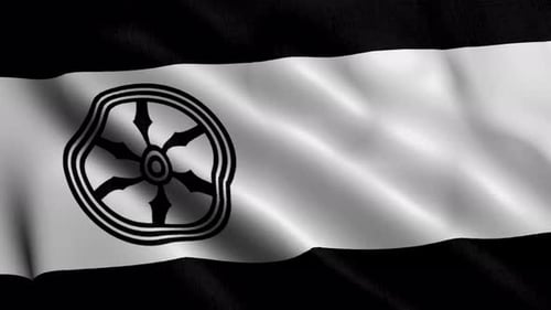 Animated Waving Flag with Stylized Black and White Wheel Emblem