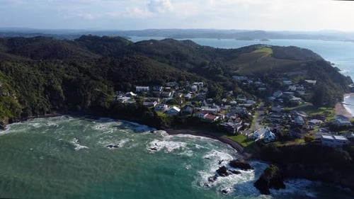 AERIAL Approach of a Remote Beach in Bay of Islands, New Zealand