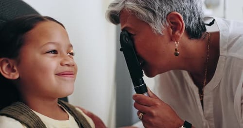 Eye test equipment, child or woman face, ophthalmologist or professional expert examine vision