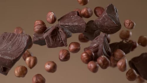 Chocolate and Hazelnuts Floating in the Air