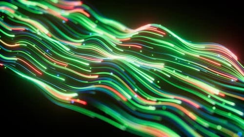 Abstract background of glowing green and red neon wavy lines and bokeh lights.