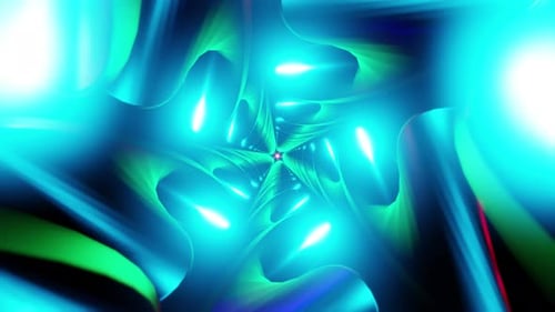 Cyan Pentagon Tunnel VJ Loop with Glossy Ribbons and Pulsing Neon Reflections