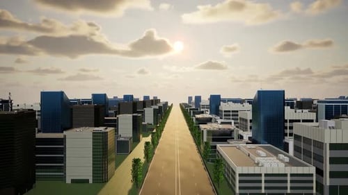 City of the future. High speed flight over the city.