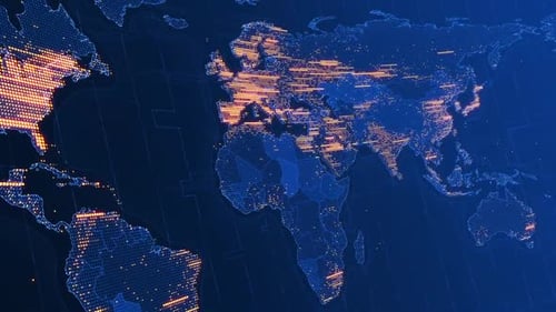 Animated Digital World Map with Glowing Global Connections