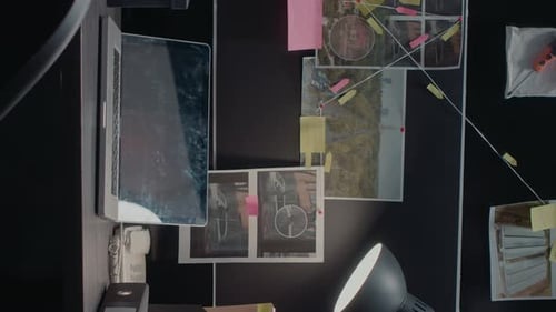 Panneau de détective vidéo vertical avec indices au-dessus du bureau dans les archives de la police