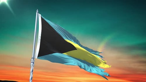 Realistic Distressed Bahamas Flag Waving at Sunset