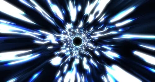 Warp tunnel wormhole moving in hyperspace, abstract blue energy vortex flying. Wormhole