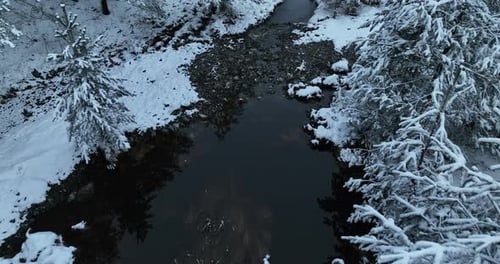 Amazing Cinematic Aerial View On Freezing River Aerial View Flight Above Frozen Creek Scenic View Of