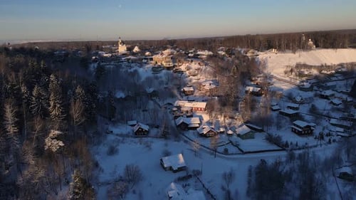 Drone View of the Village in Winter