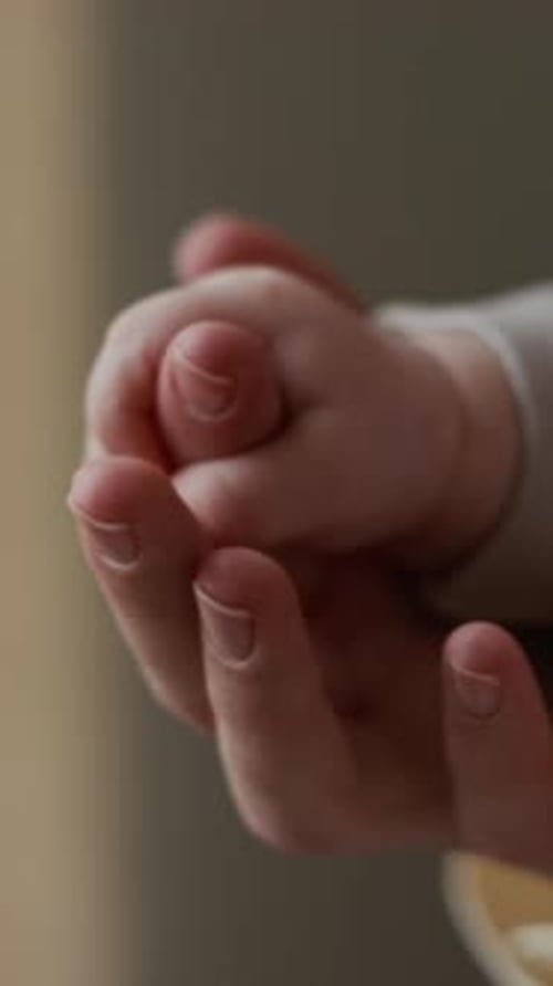 Tiny Hand of Anonymous Baby Gently Touching Fingers of Mother