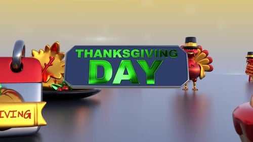 3D Thanksgiving Celebration Intro with Animated Turkey and Pumpkin Pie
