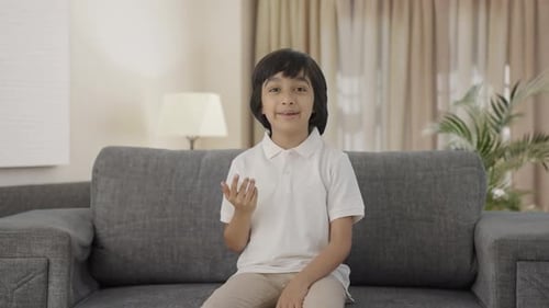 Dark Haired Boy Talking Indoors at Home