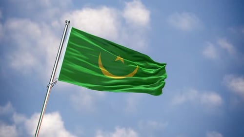 Realistic Mauritania Flag Waving in Wind with Cloudy Sky