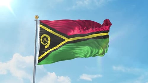 Vanuatu Flag Waving Against a Clear Blue Sky
