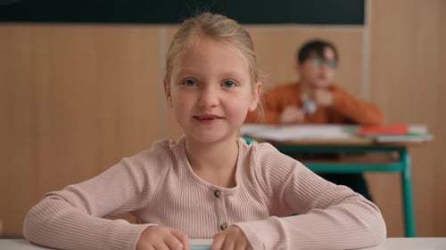 Portrait Little Caucasian Girl Looking at Camera Primary School Kid Schoolgirl Daughter Child Baby