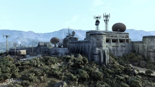Ein futuristischer Kriegsbunker auf einer Militärbasis in einer Science-Fiction-Umgebung