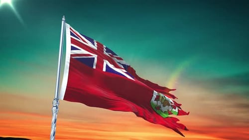Realistic Bermuda Flag Waving Against a Dramatic Sky Background
