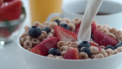 Delicious breakfast cereal with milk and berries