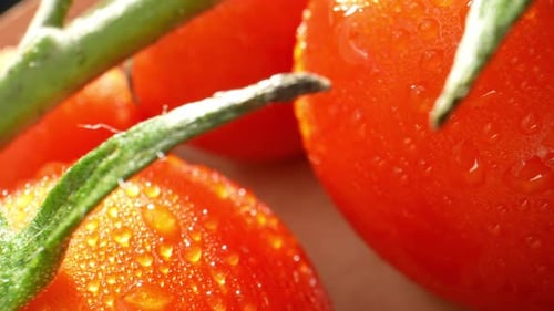Eine Nahaufnahme einer reifen Tomate, die mit Wassertröpfchen glitzert