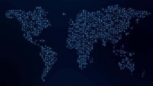 World map with digital technology circuit background