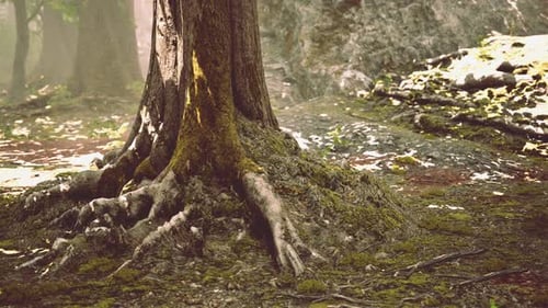 Roots of an Old Tree Overgrown with Moss