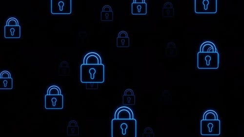 Cyber-Sicherheitskonzept, Vorhängeschloss, Icons, Partikel, Schleife, Animationshintergrund