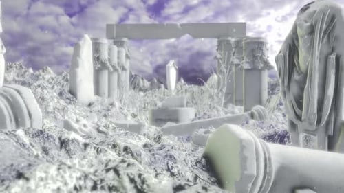 Hintergrund Design von Ruinen des antiken Landes im Winter mit Schnee- und Eiselementen, die in der Antike gefunden wurden
