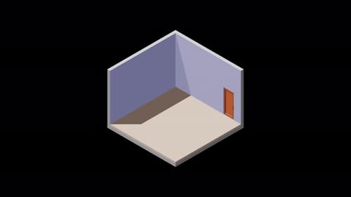 Habitación vacía isométrica con animación de puerta. Habitación de inicio isométrica. Interior de la habitación sin muebles