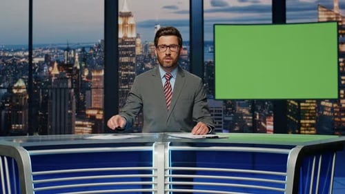 Man Host Point Mockup Screen Talk Evening News Anchor Broadcasting Chroma Key