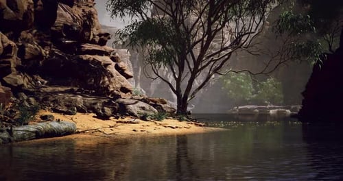 Paisagem natural com uma margem serena do rio com rochas e árvores